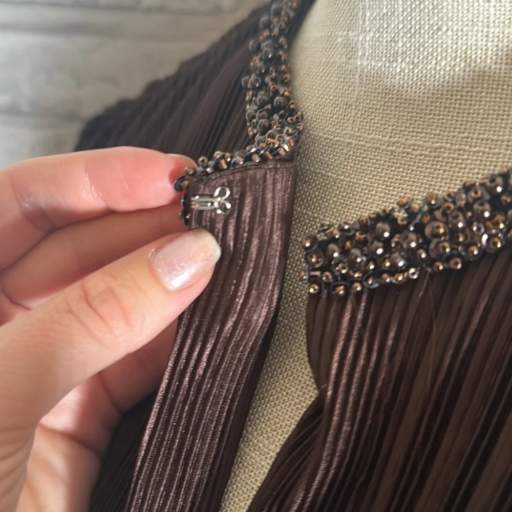 Cachet Brown Accordion Pleated Silky Blouse Cardigan